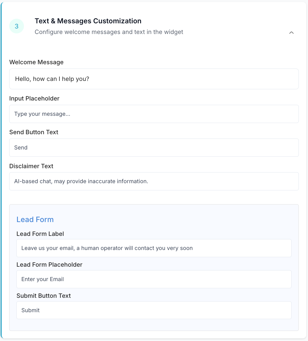 Text & Messages Customization Section